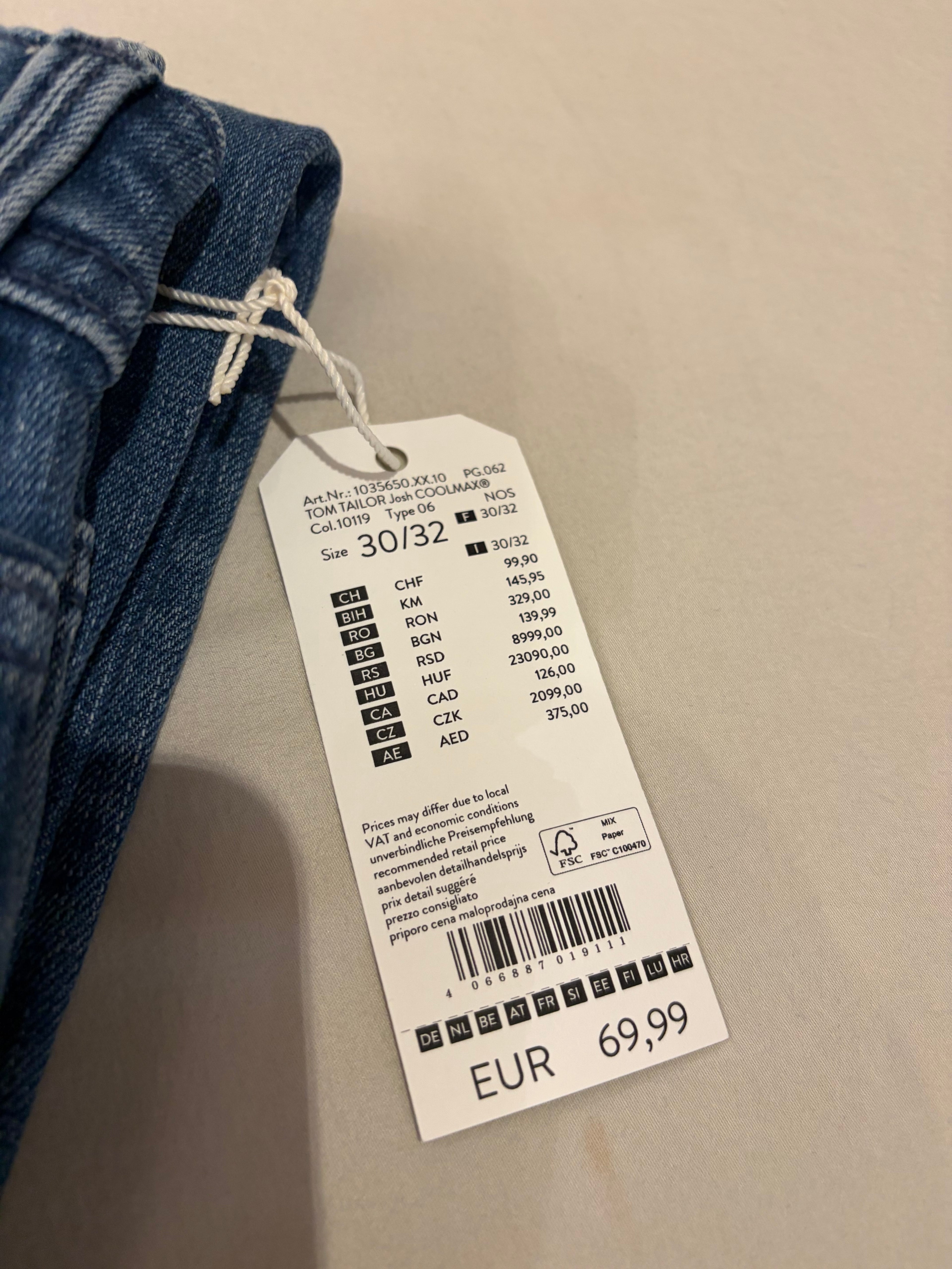 Jean Tom Tailor Josh Regular Slim Coolmax EcoMade Homme Bleu – Neuf avec étiquettes – Taille 30/32