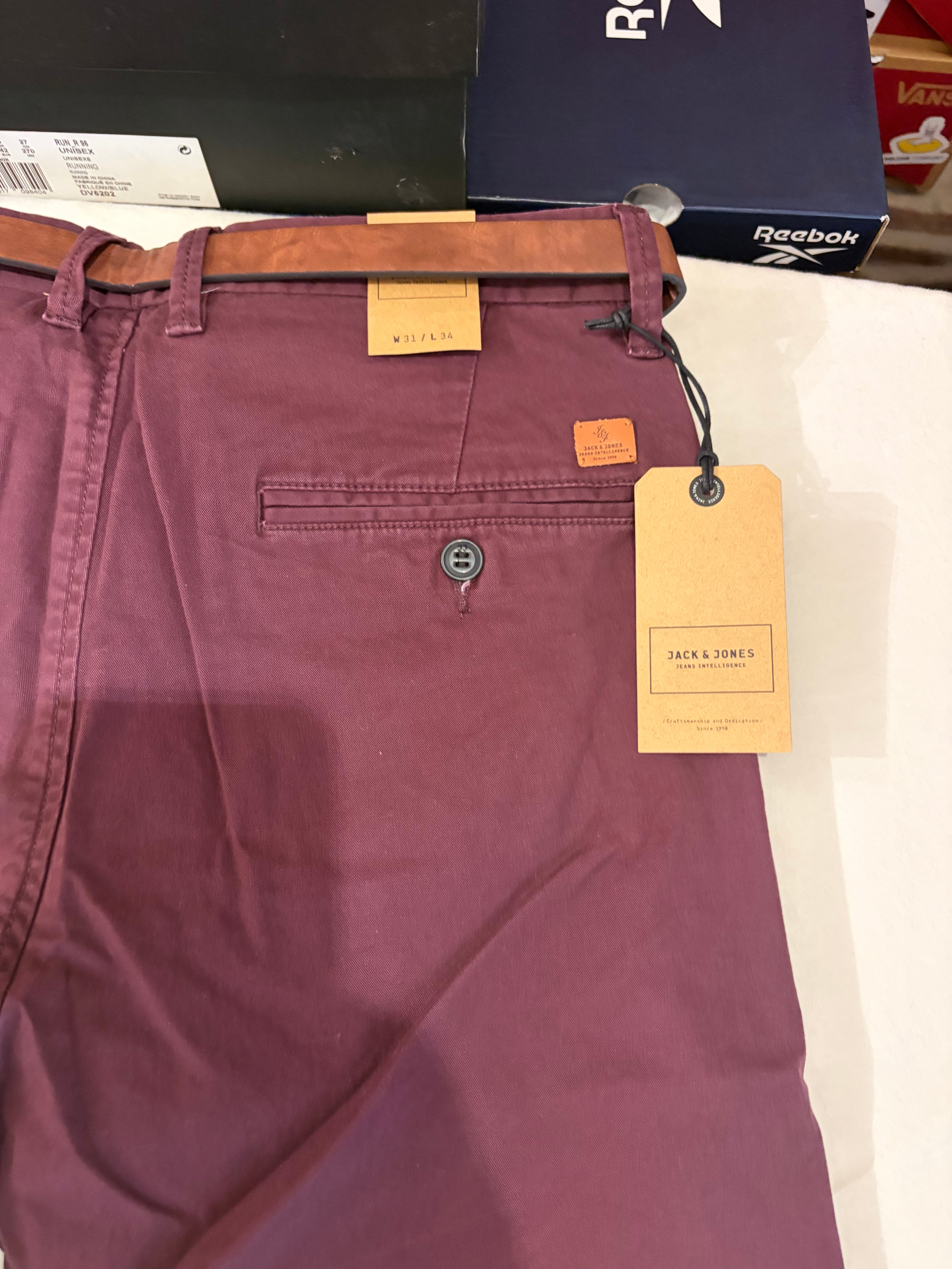 Pantalon Chino Jack & Jones JJICODY JJSPENCER Bordeaux W31 L34 Neuf avec Ceinture