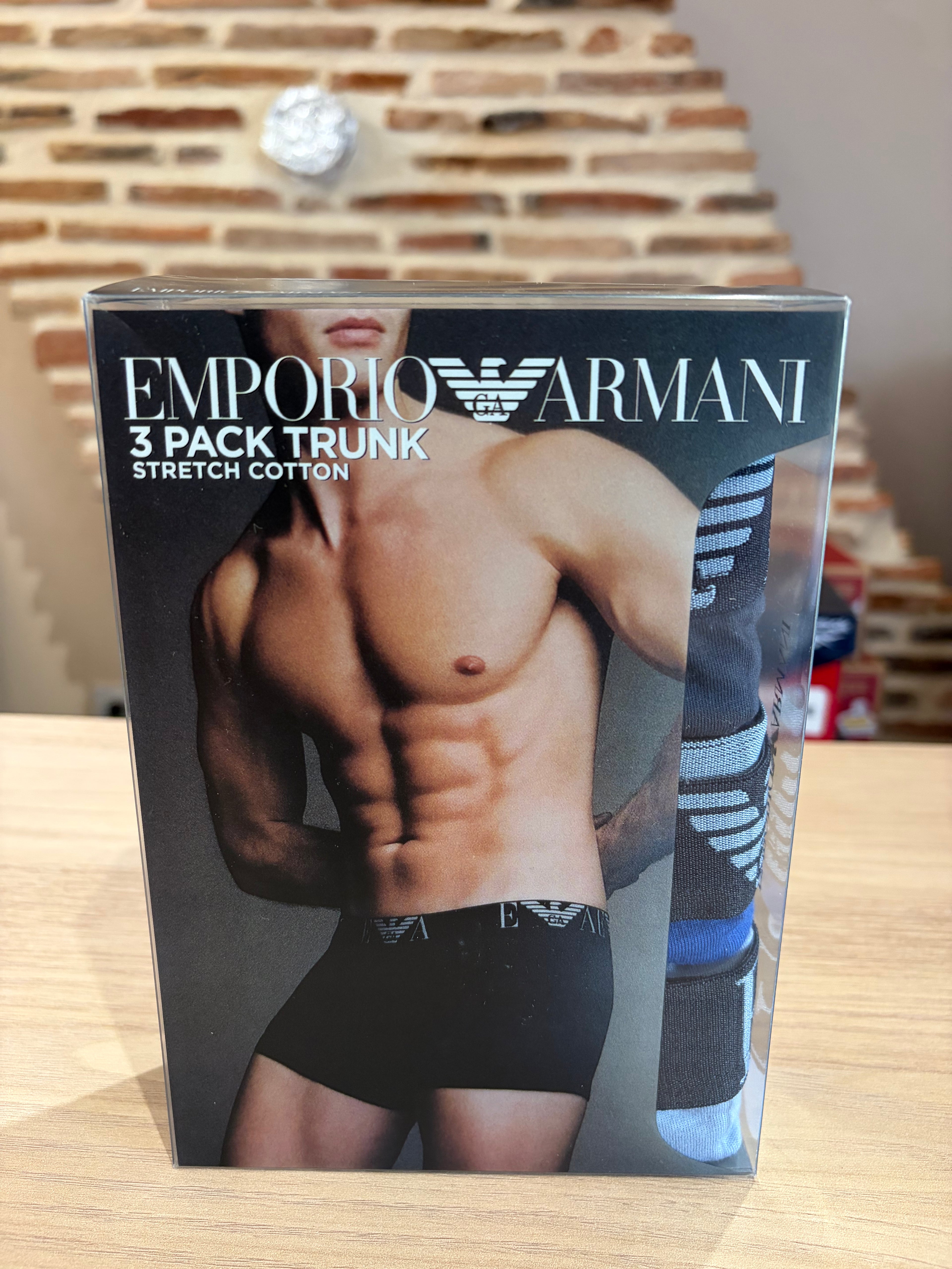 Emporio Armani – Lot de 3 boxers Trunk en coton stretch Bleu/Noir – Taille M