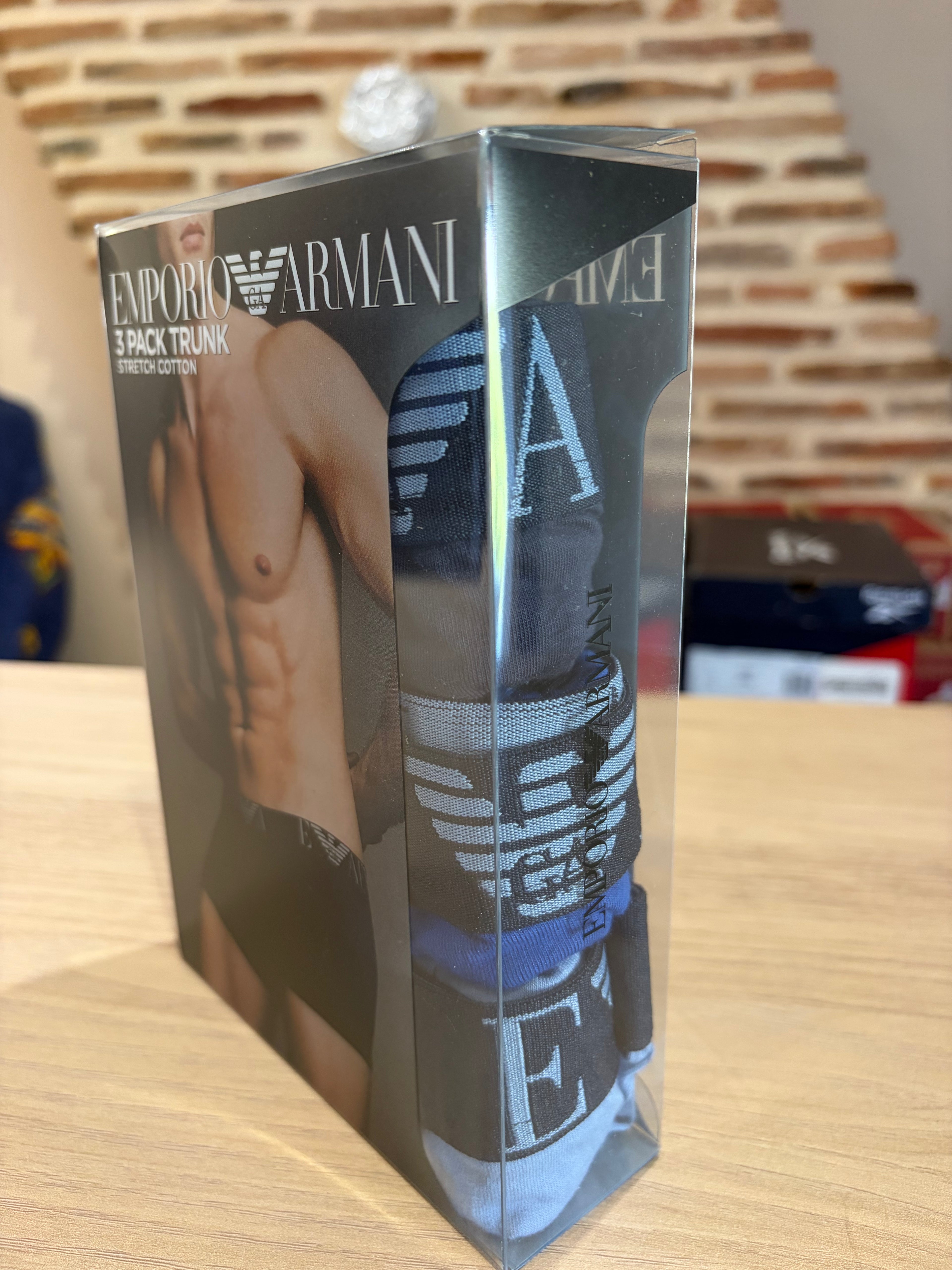 Emporio Armani – Lot de 3 boxers Trunk en coton stretch Bleu/Noir – Taille M