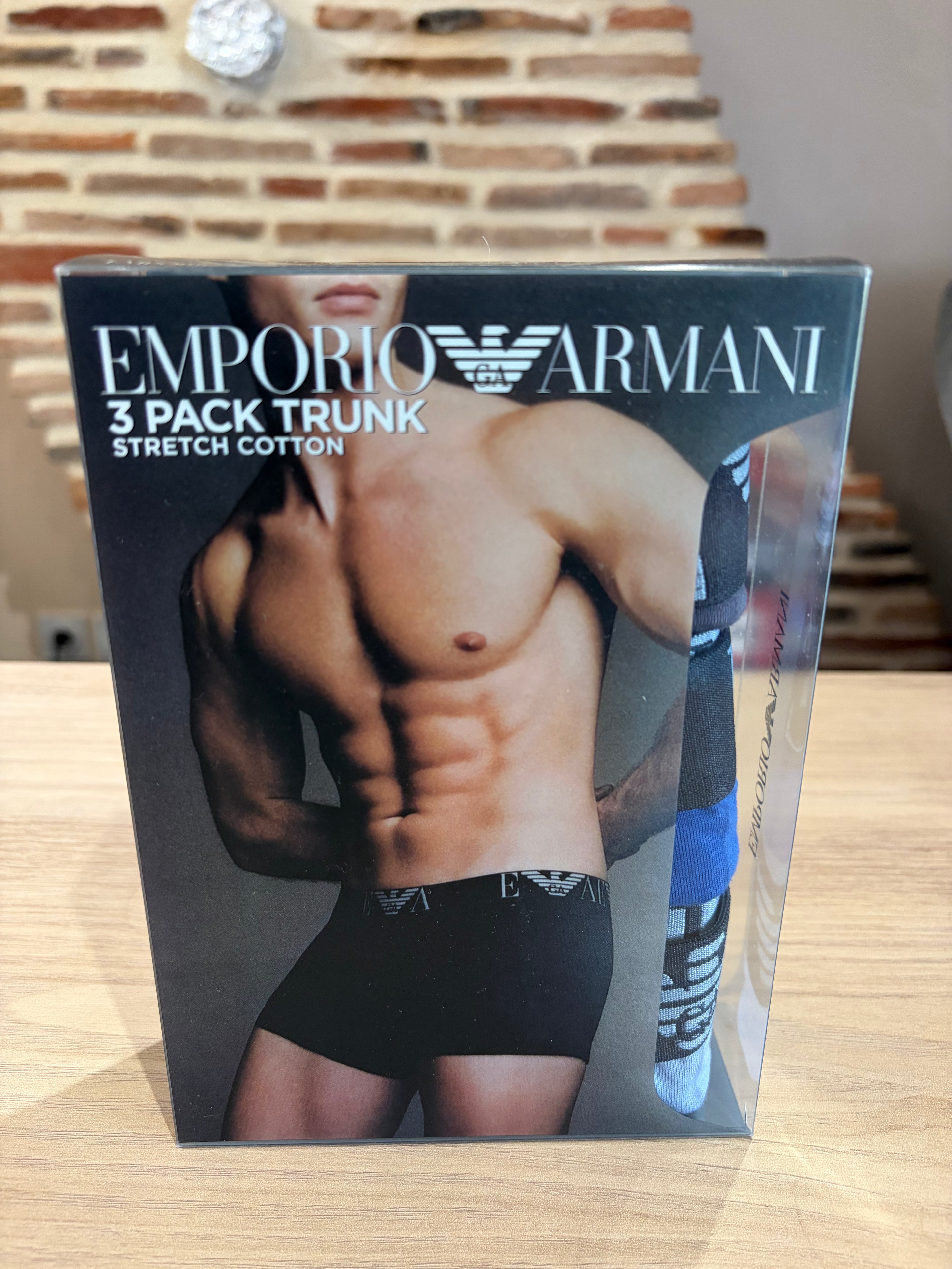 Emporio Armani – Lot de 3 boxers Trunk en coton stretch Bleu/Noir – Taille S